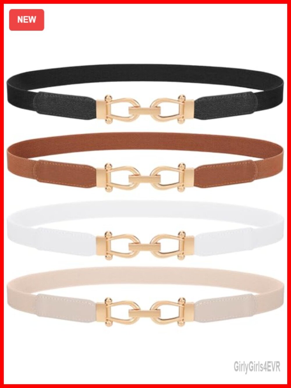 4 Pack Women Skinny Elastic Belts Gold Buckle Thin Stretchy Waist Belt Dress